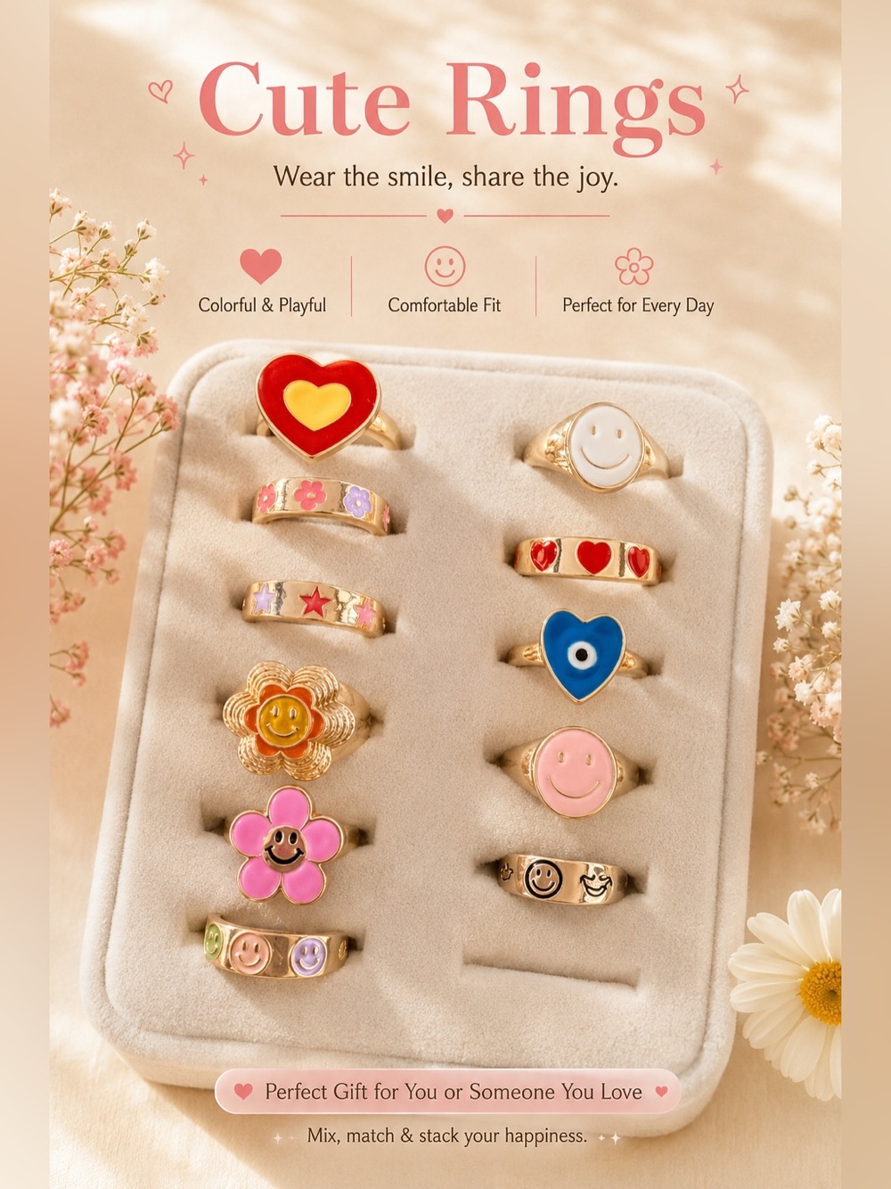 Gold Plated Fashion Rings With Various Enamel Designs